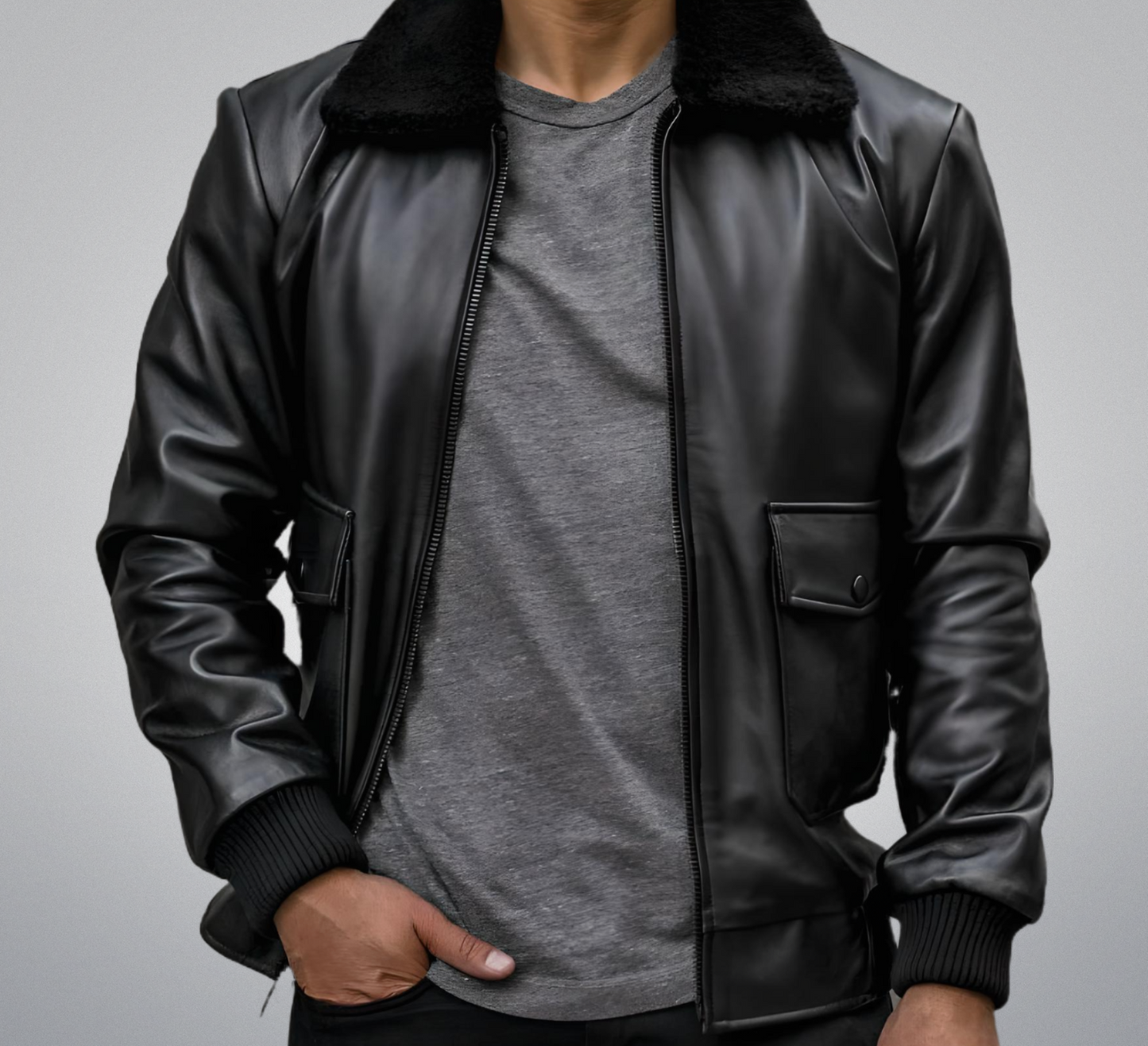 Black Fur Flight Jacket by Cuir Jackets USA