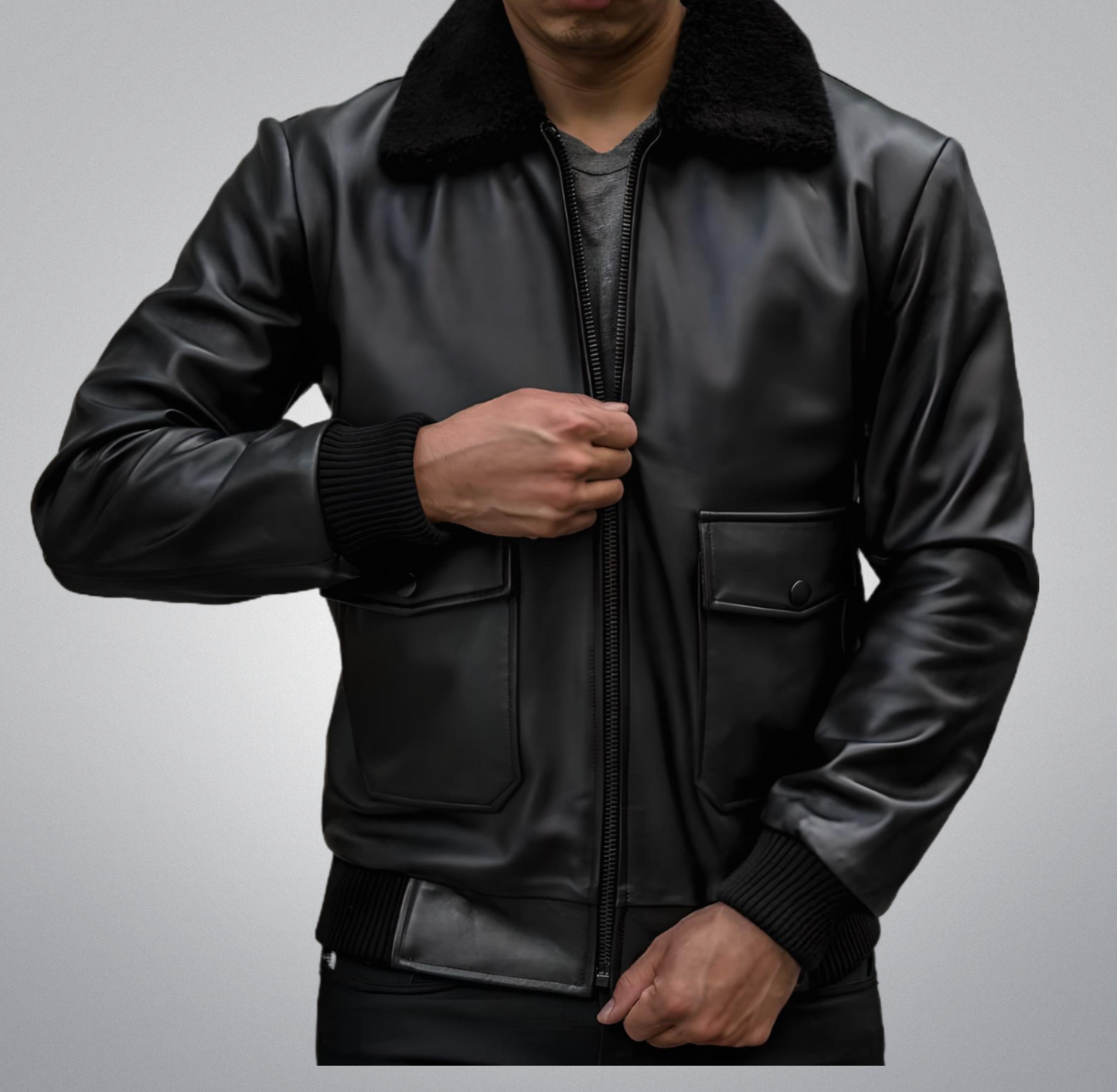 Black Fur Flight Jacket by Cuir Jackets USA