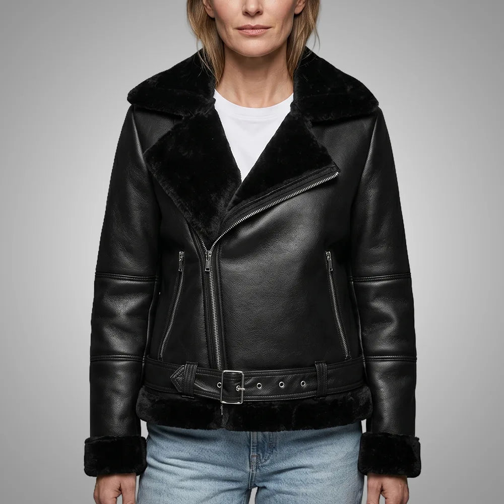 Women Black Shearling Jacket | 100% Real Lambskin Leather