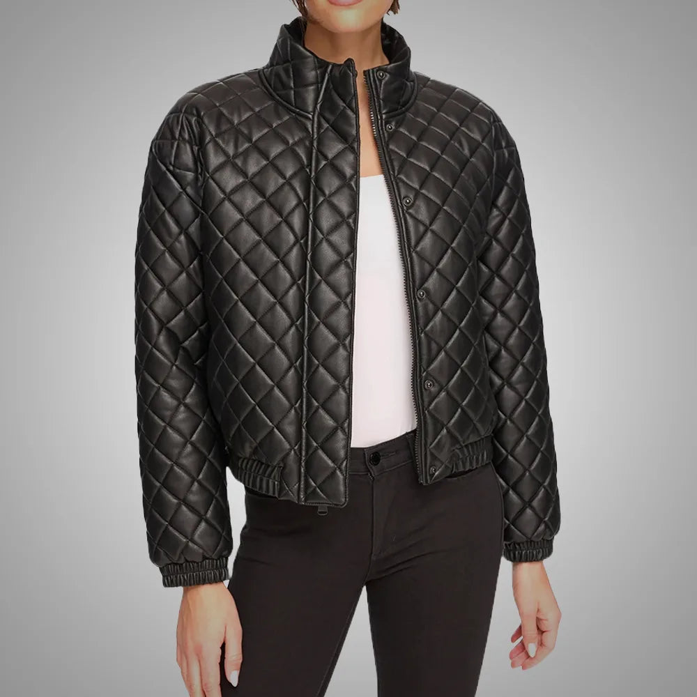 Quilted Bomber Leather Jacket – Stand Collar Luxury Edition - Black