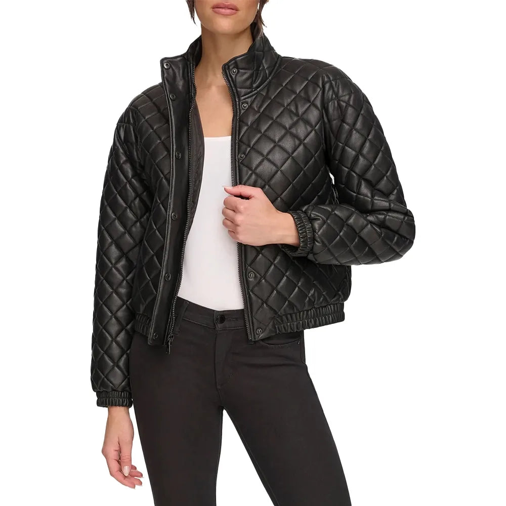 Quilted Bomber Leather Jacket – Stand Collar Luxury Edition - Black
