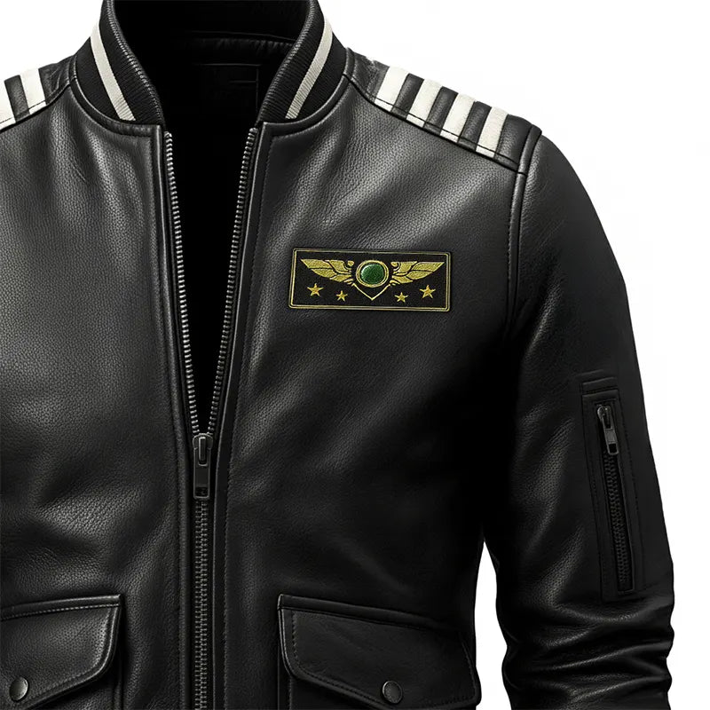 Sky Command Aviator Leather Bomber Jacket – Black Edition