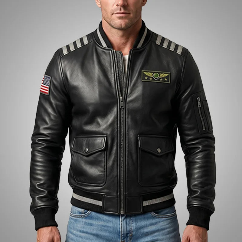 Sky Command Aviator Leather Bomber Jacket - Black Edition