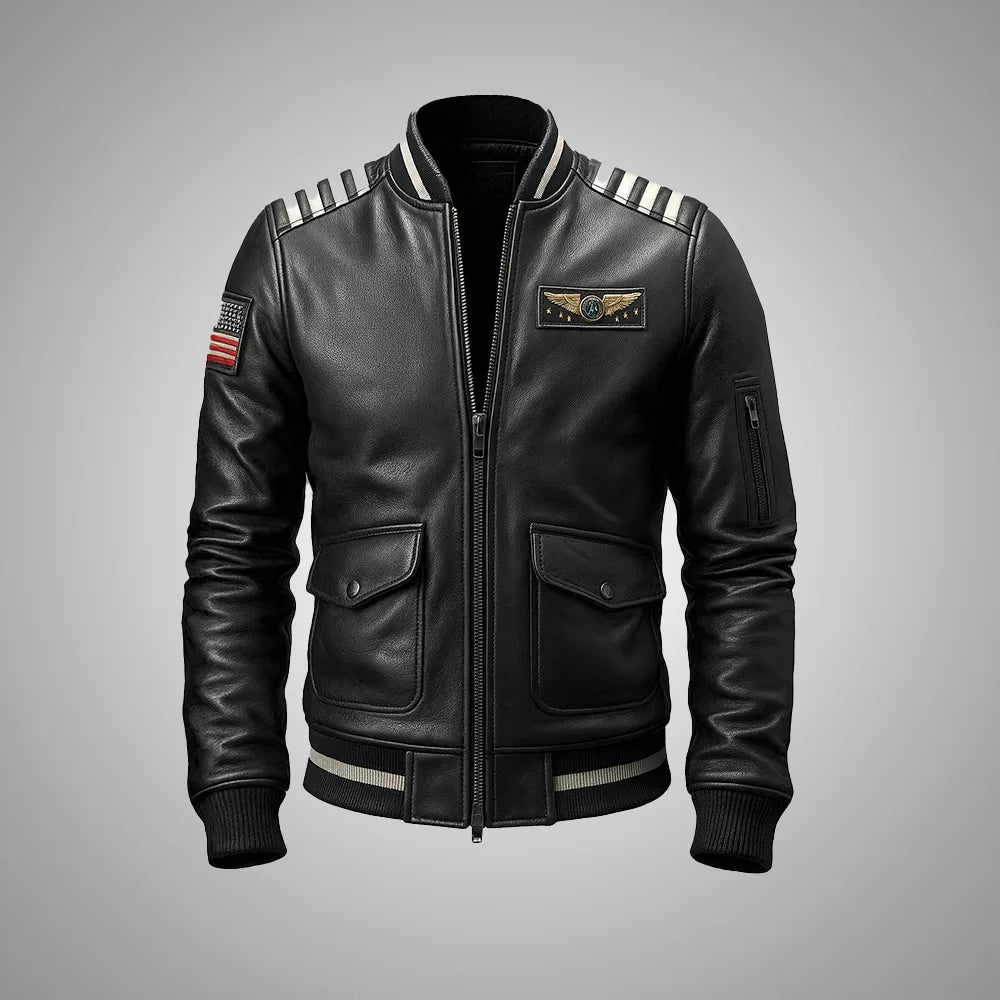 Sky Command Aviator Leather Bomber Jacket – Black Edition