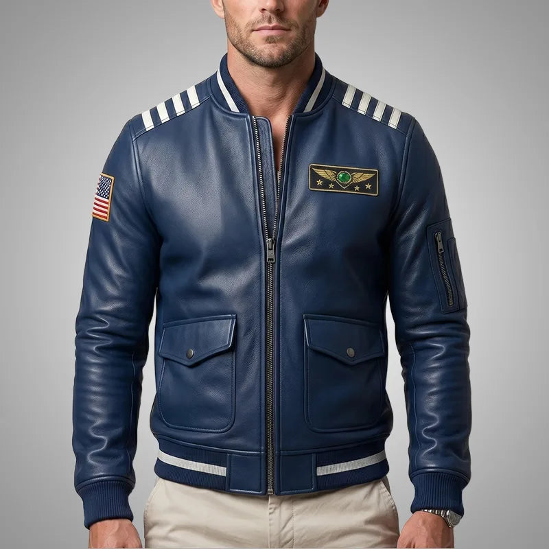 Sky Command Aviator Leather Bomber Jacket - Navy Cowhide