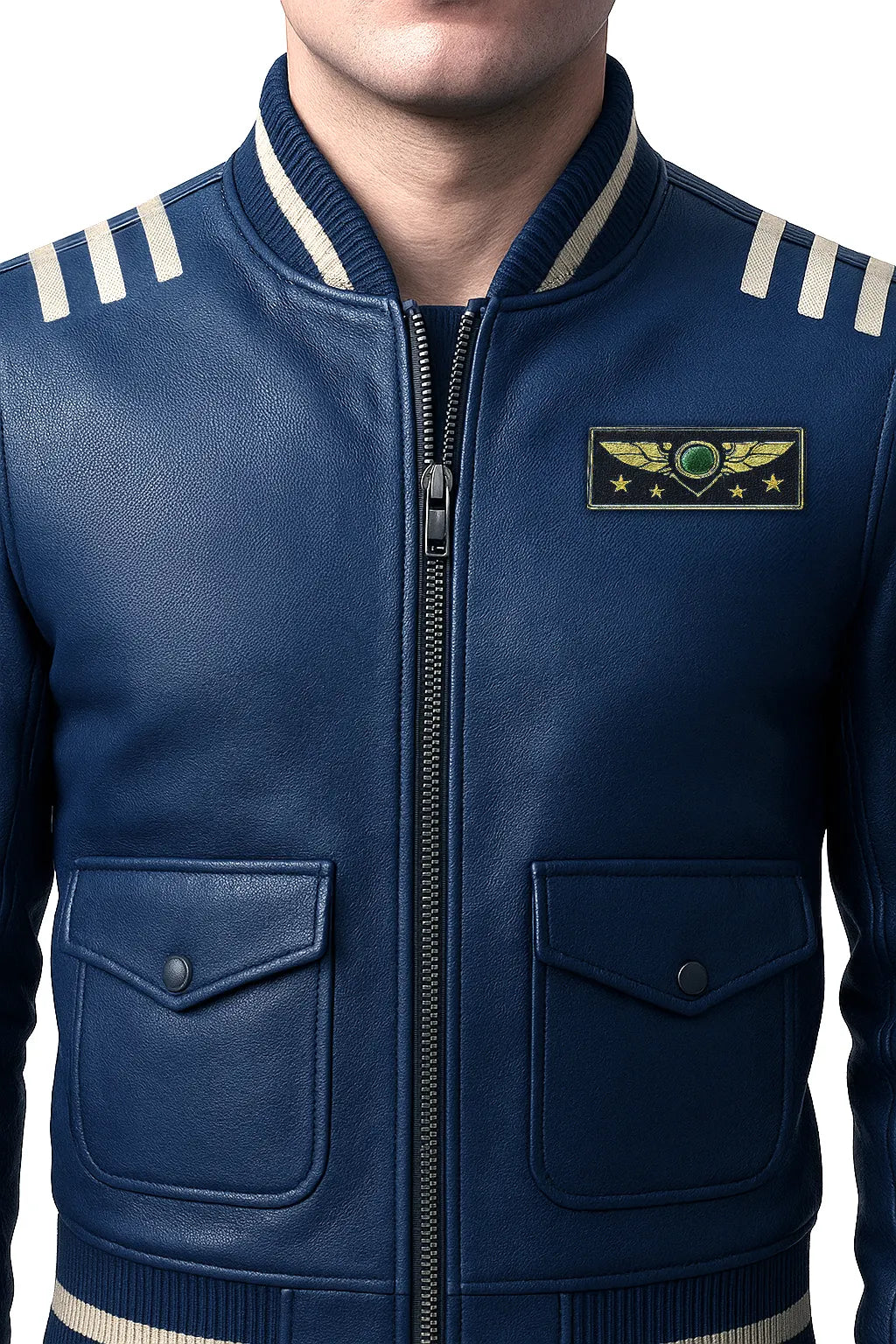 Sky Command Aviator Leather Bomber Jacket – Midnight Navy