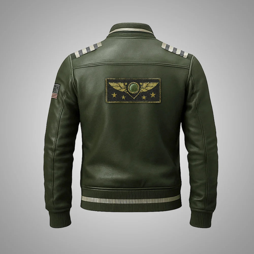 Sky Command Aviator Leather Bomber Jacket - Olive Slate