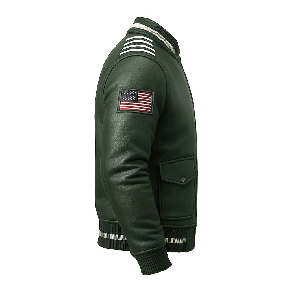 Sky Command Aviator Leather Bomber Jacket – Olive Slate