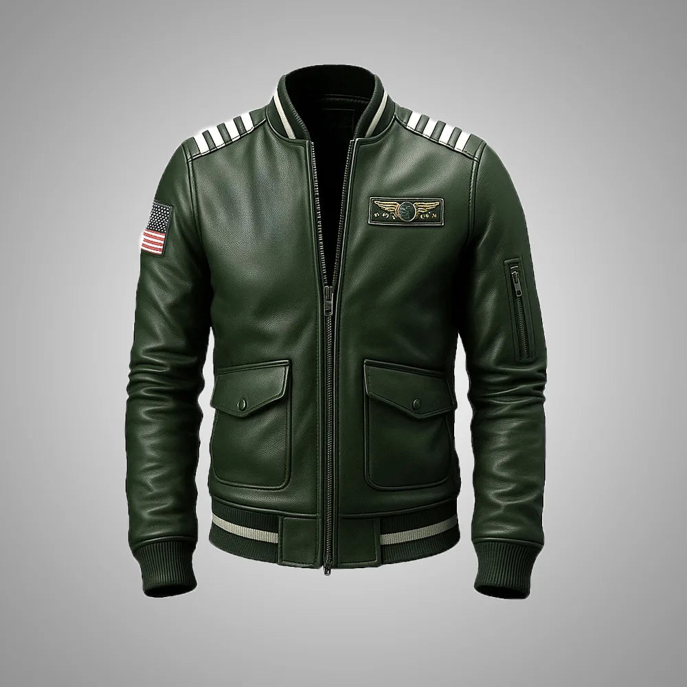 Sky Command Aviator Leather Bomber Jacket – Olive Slate