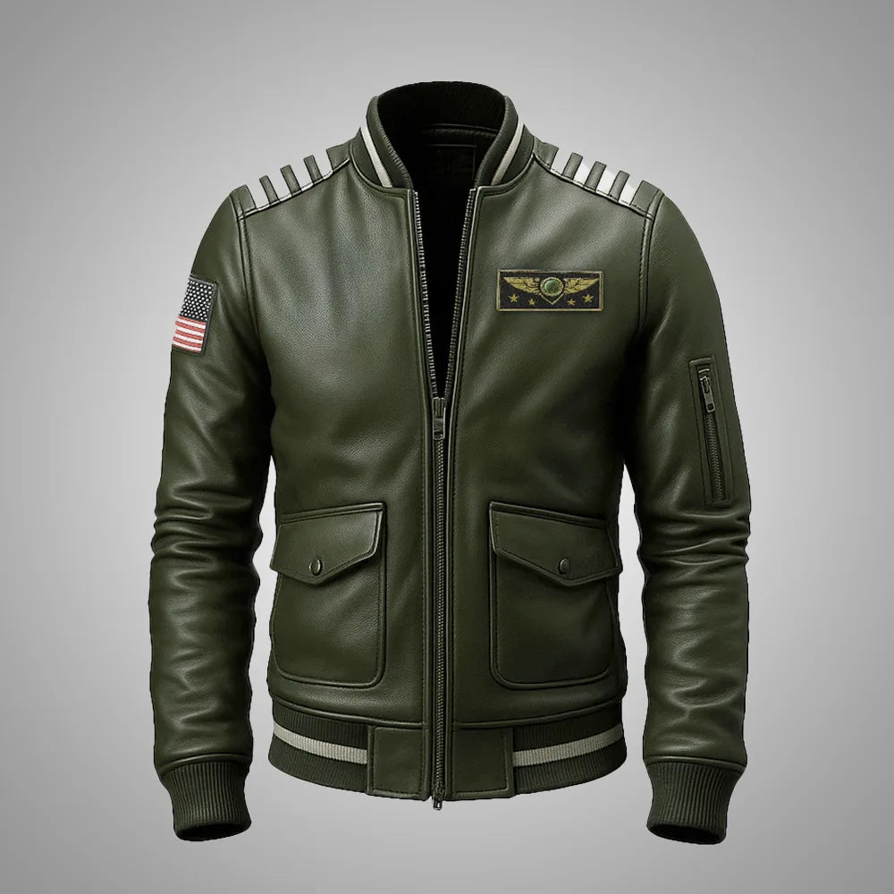 Sky Command Aviator Leather Bomber Jacket - Olive Slate