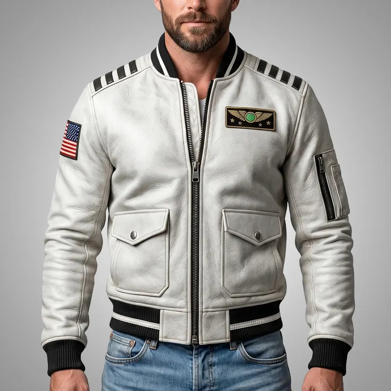 Sky Command Aviator Leather Bomber Jacket – White Edition