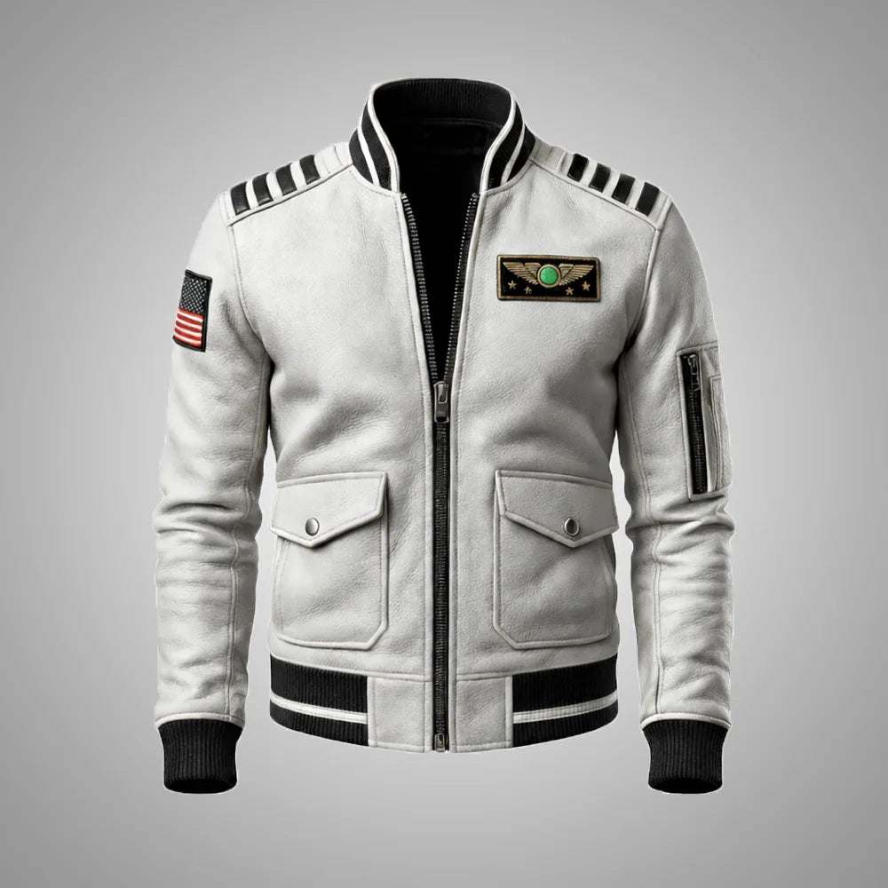 Sky Command Aviator Leather Bomber Jacket – White Edition
