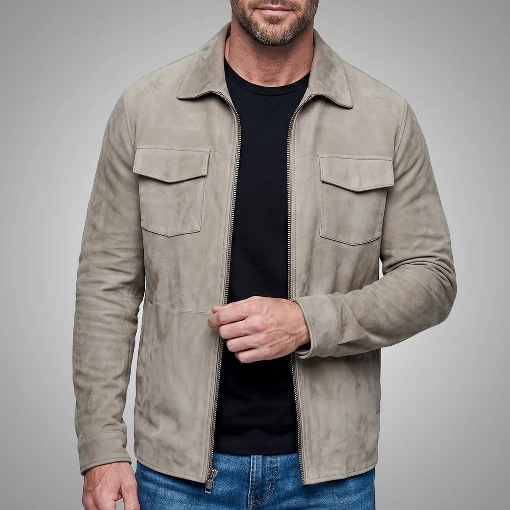 Grey Men's Goatskin Suede Shirt Jacket | Zip-Front All Season