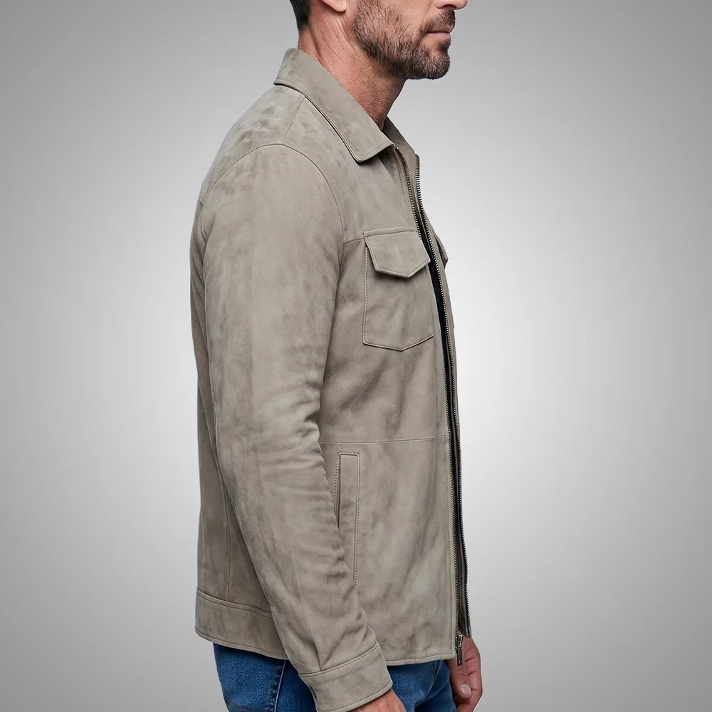 Grey Men's Goatskin Suede Shirt Jacket | Zip-Front All Season