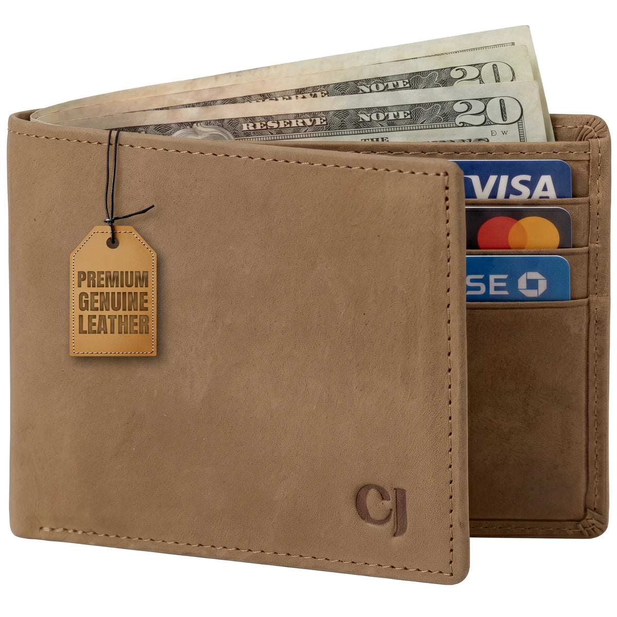 Men's Beige Leather Bifold Wallet RFID Blocking, 9 Card Slots, 2 ID Windows
