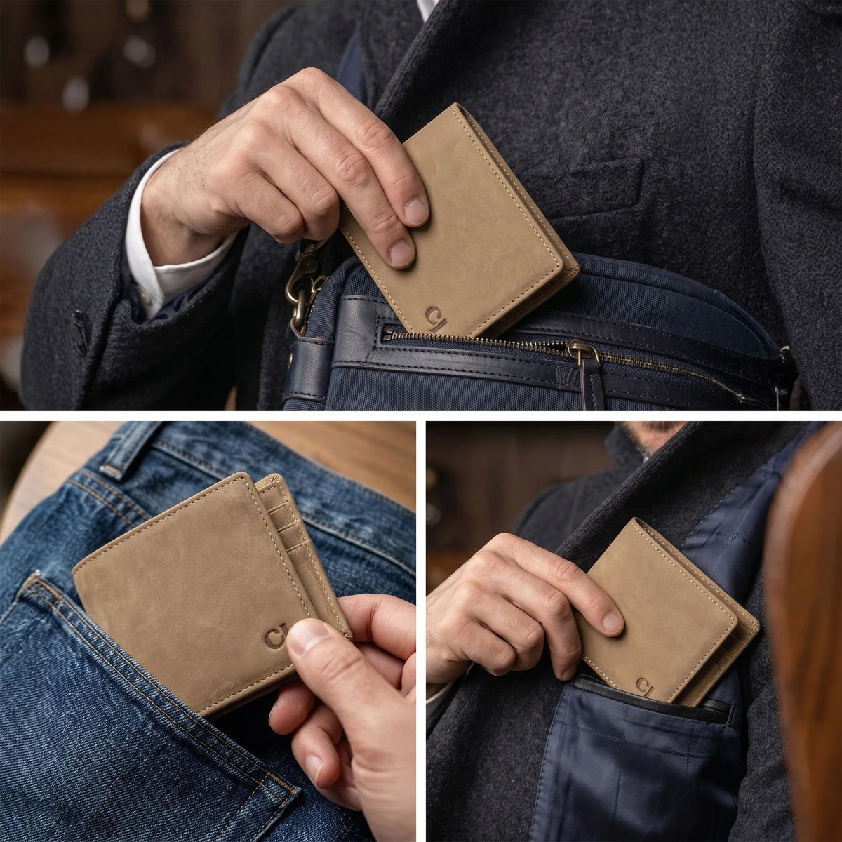Men's Beige Leather Bifold Wallet RFID Blocking, 9 Card Slots, 2 ID Windows