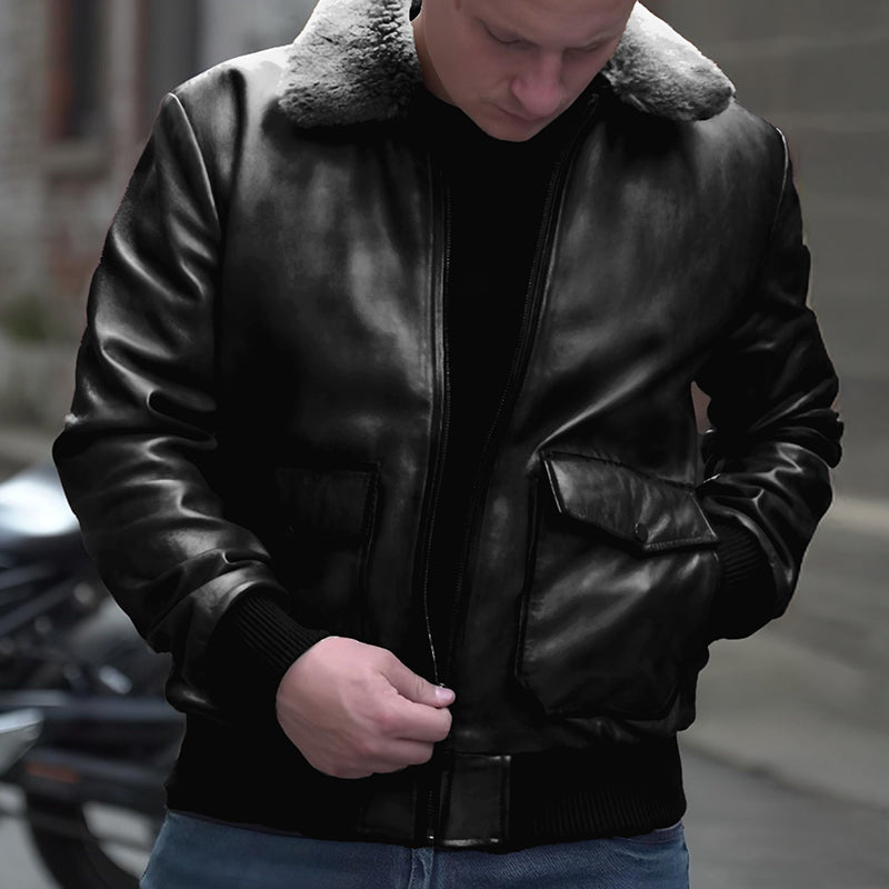 Black Fur Flight Jacket by Cuir Jackets USA