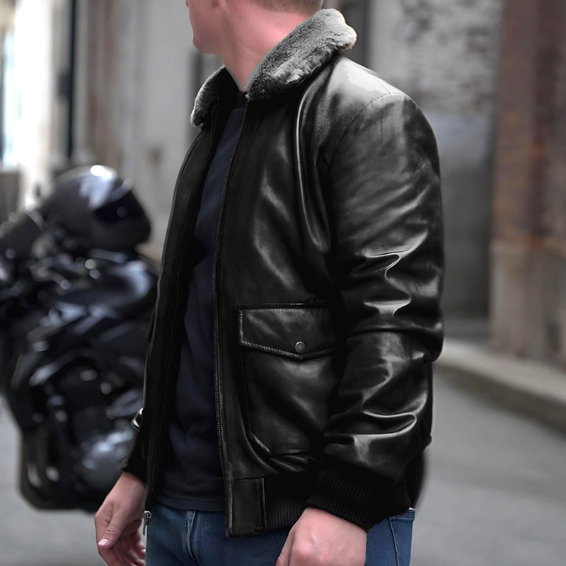 Black Fur Flight Jacket by Cuir Jackets USA