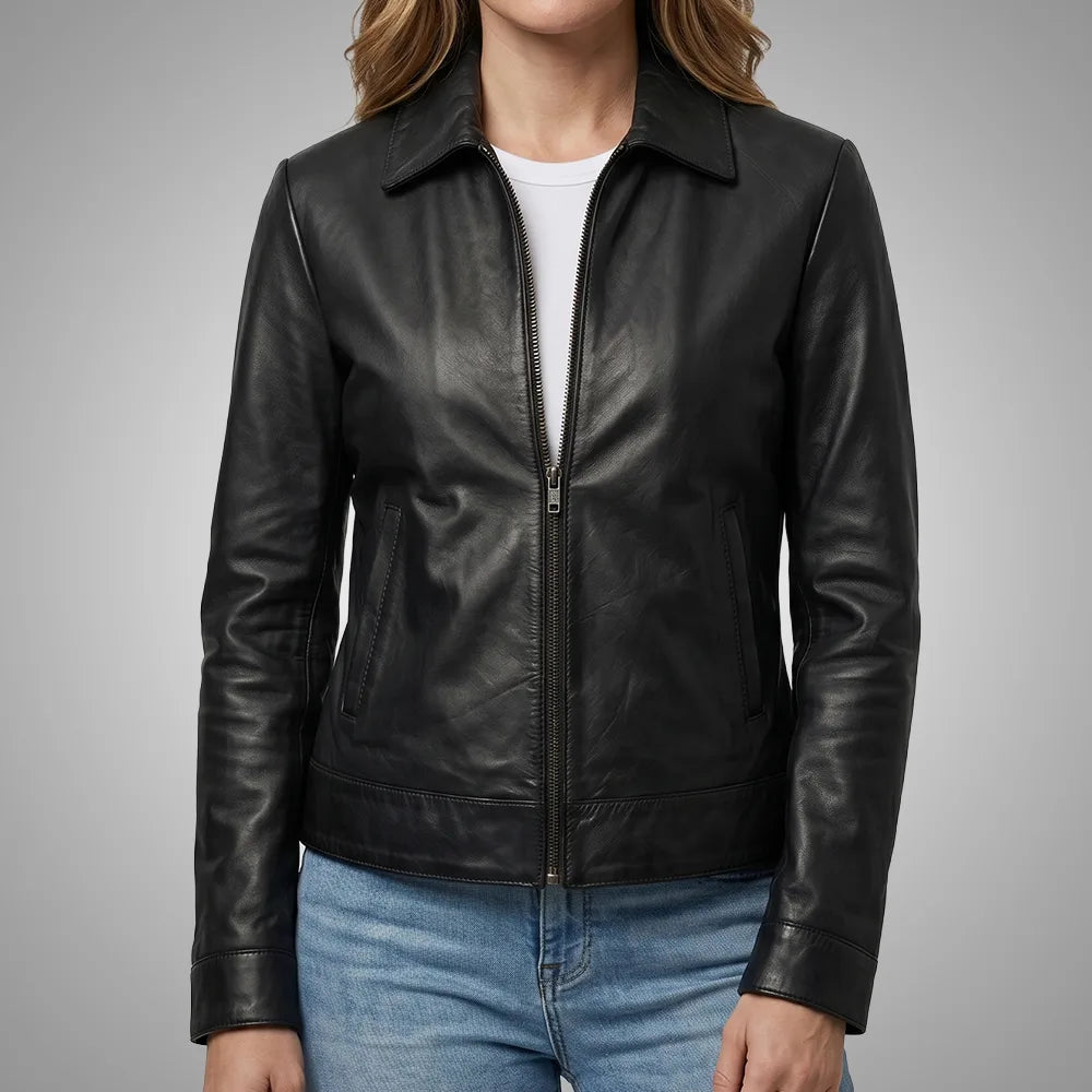 Women's Black Lambskin Leather Jacket - Long Point Collar