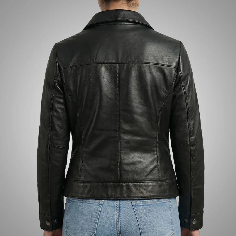 Women's Black Lambskin Leather Jacket - Long Point Collar