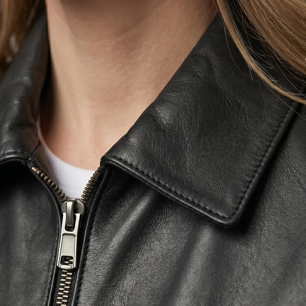 Women's Black Lambskin Leather Jacket - Long Point Collar