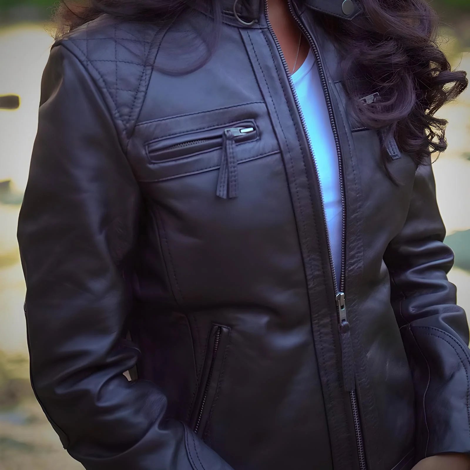 Mocha Luxe Women’s Racer Leather Jacket - Black