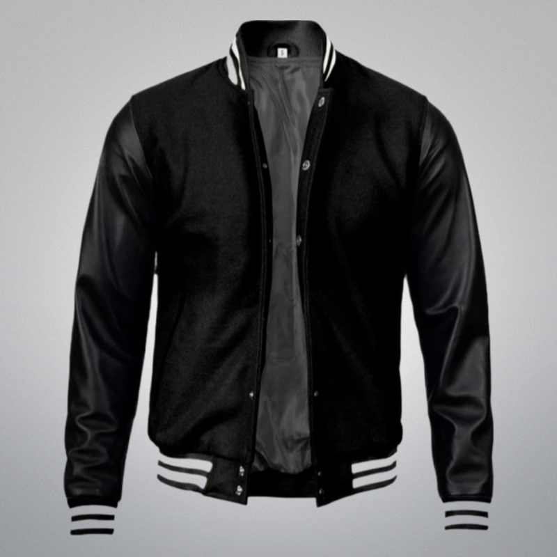 Black Varsity Jacket With Leather Sleeves by Cuir Jackets USA