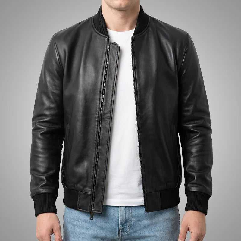 Classic Black Lambskin Leather Bomber Jacket