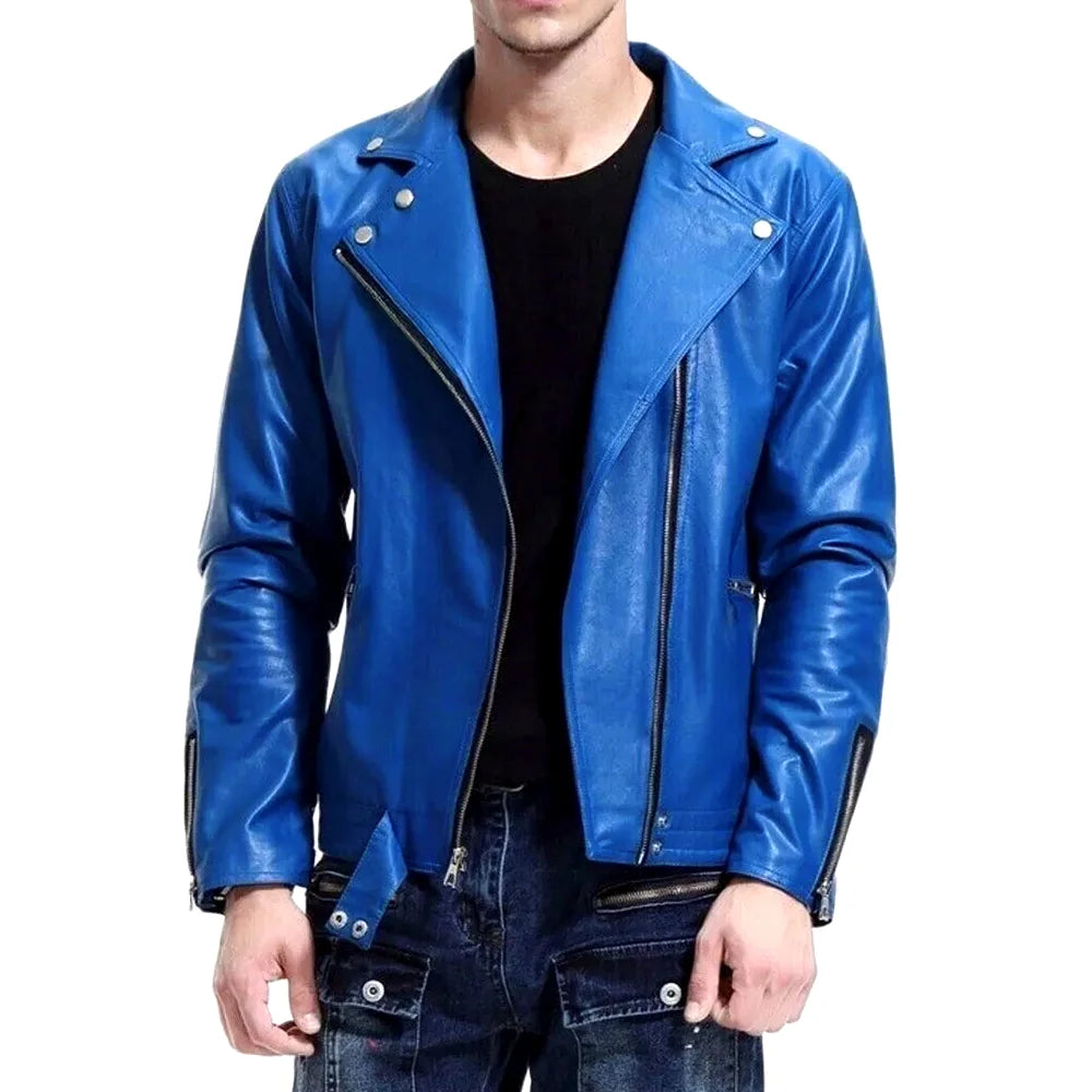 Men’s Blue Leather Biker Jacket