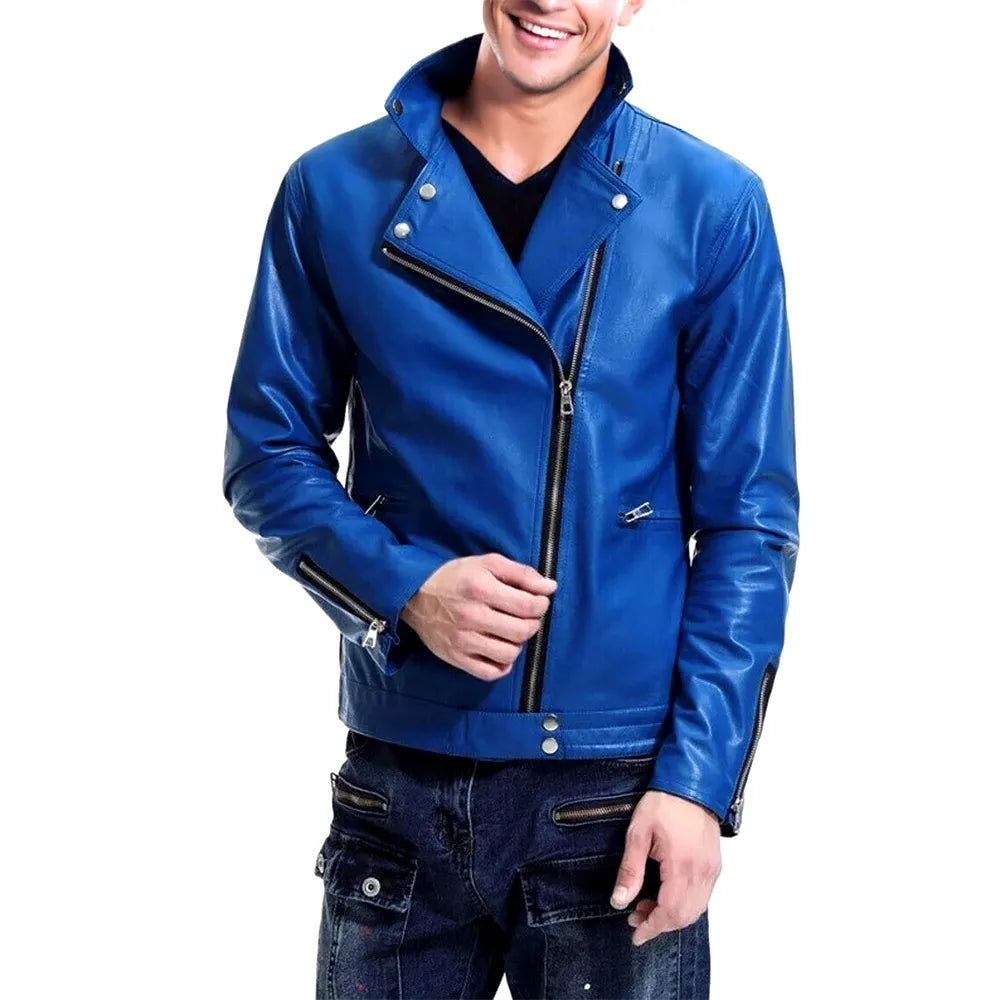 Men’s Blue Leather Biker Jacket