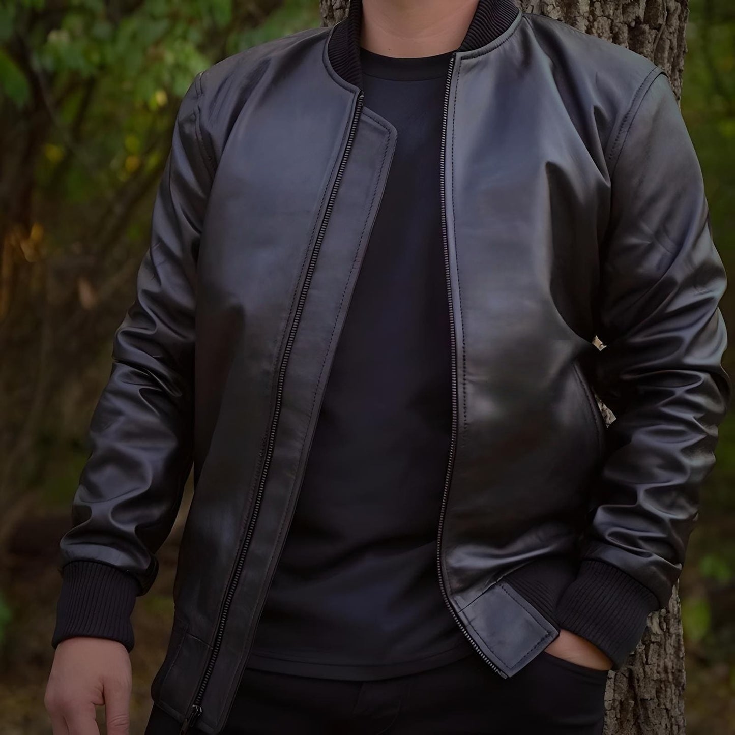 Classic Bomber Leather Jacket - Brown