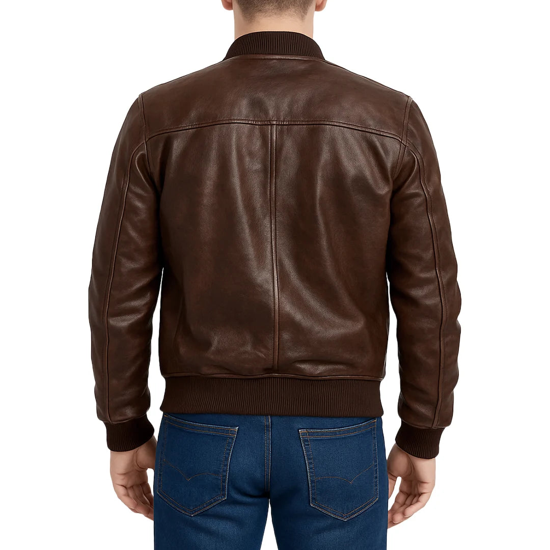 Classic Bomber Leather Jacket - Mahogany Shadow