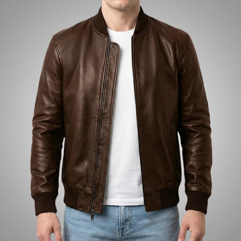 Classic Bomber Leather Jacket - Mahogany Shadow