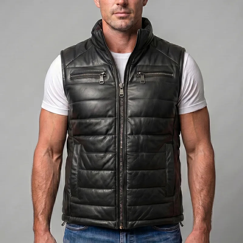 Cuir Bridger Black Leather Down Vest - Full-Grain Lambskin