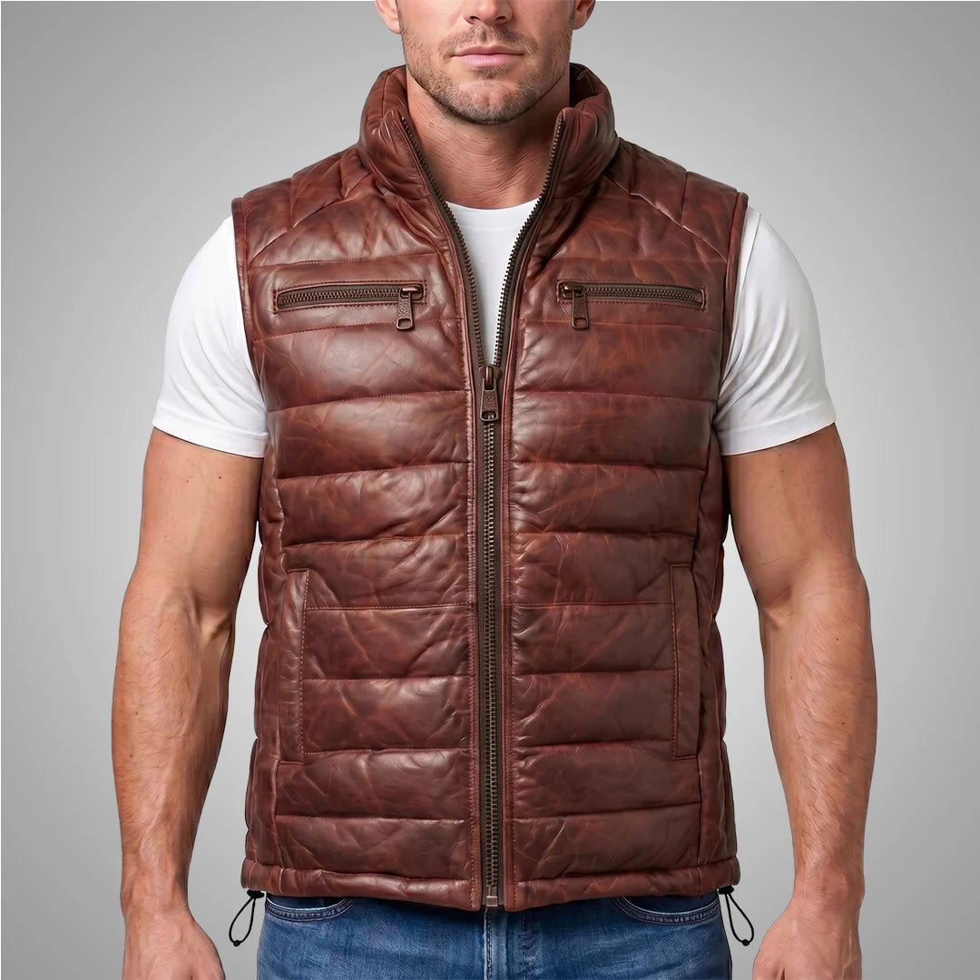Cuir Bridger Burnt Brick Red Leather Down Vest - Full-Grain Lambskin