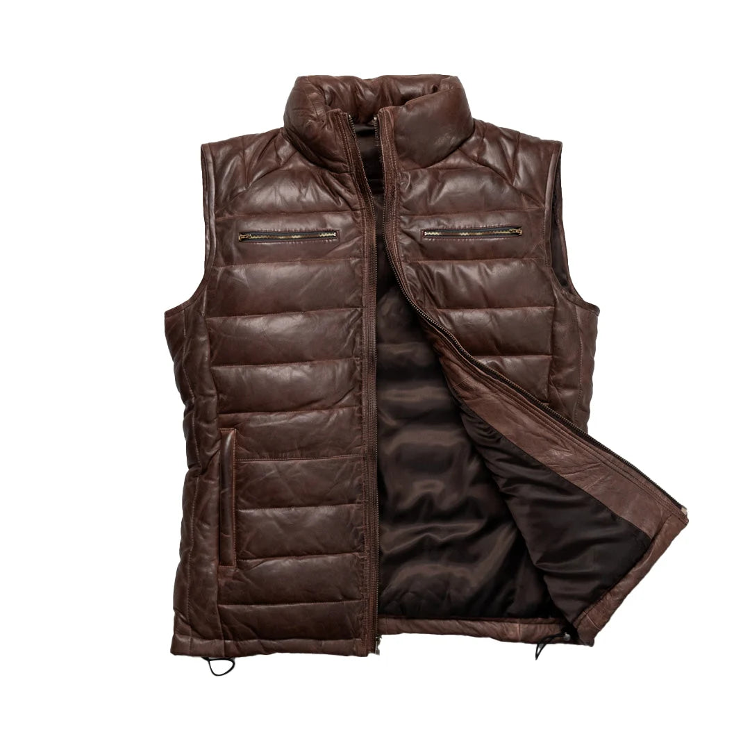 Brown leather vest with quilted interior on a white background