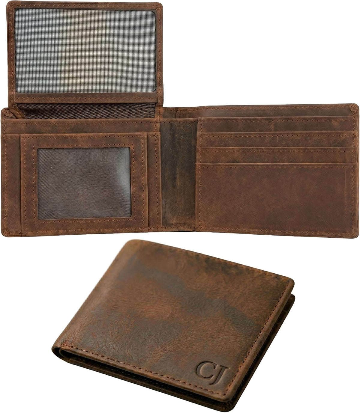 Men's brown leather bifold wallet by CuirJackets with RFID blocking, 9 card slots and 2 ID windows, shown open with card compartments.