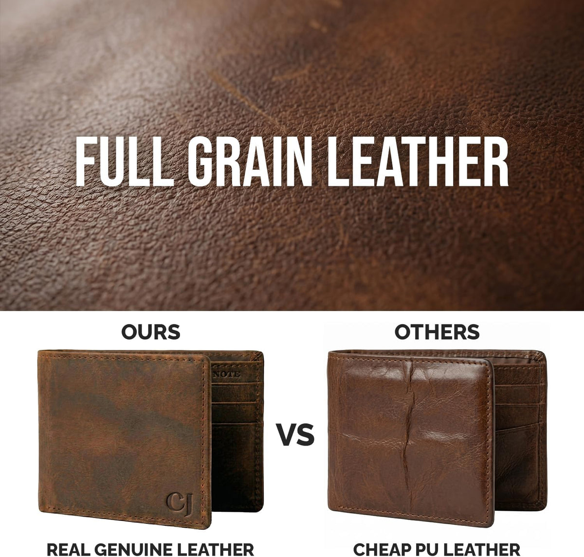 Men's brown leather bifold wallet by CuirJackets with RFID blocking, 9 card slots and 2 ID windows, shown in brown leather.