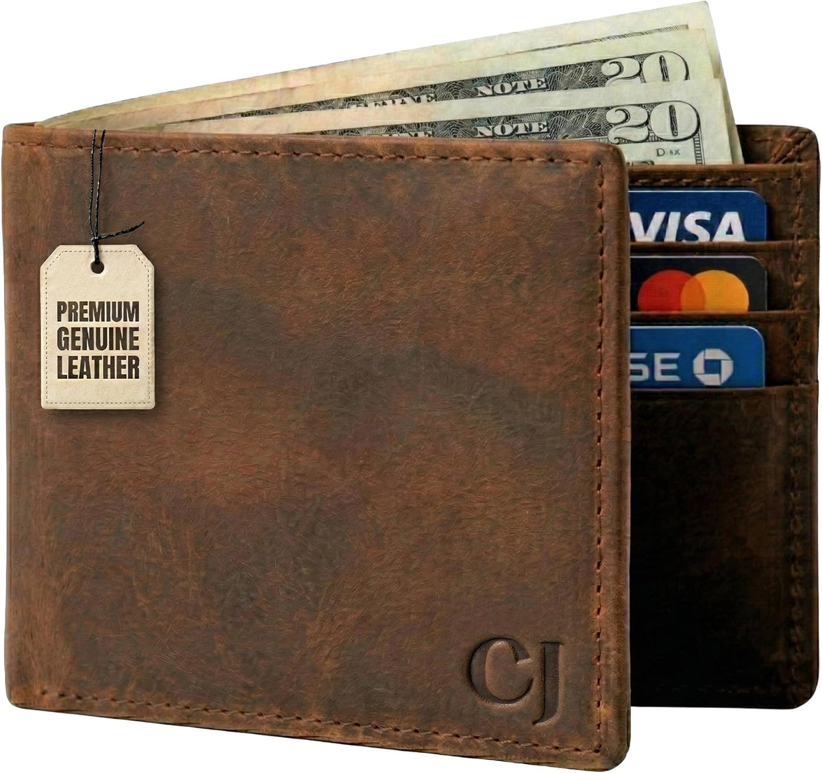Men's brown leather bifold wallet by CuirJackets with RFID blocking, 9 card slots, and 2 ID windows.