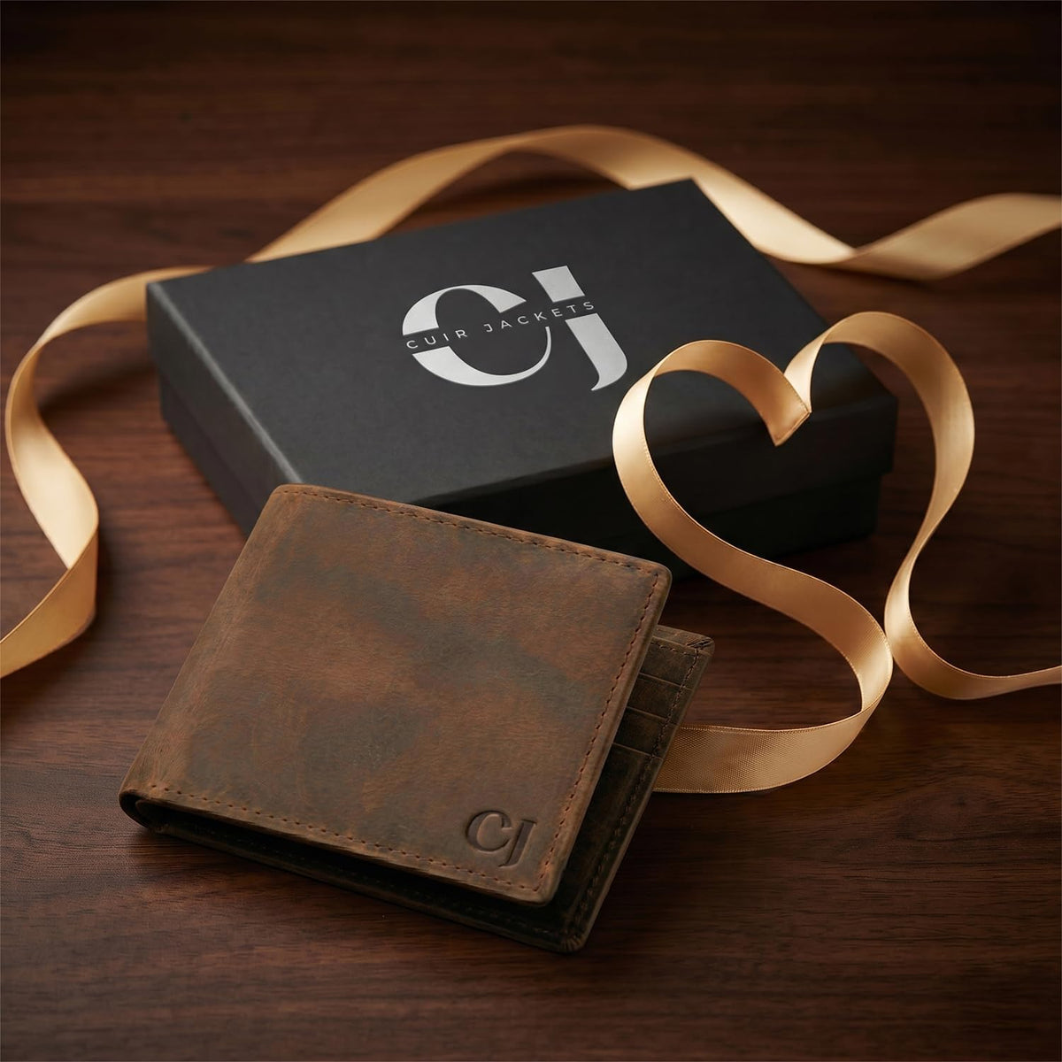 Men's brown leather bifold wallet by CuirJackets with RFID blocking, 9 card slots, and 2 ID windows.