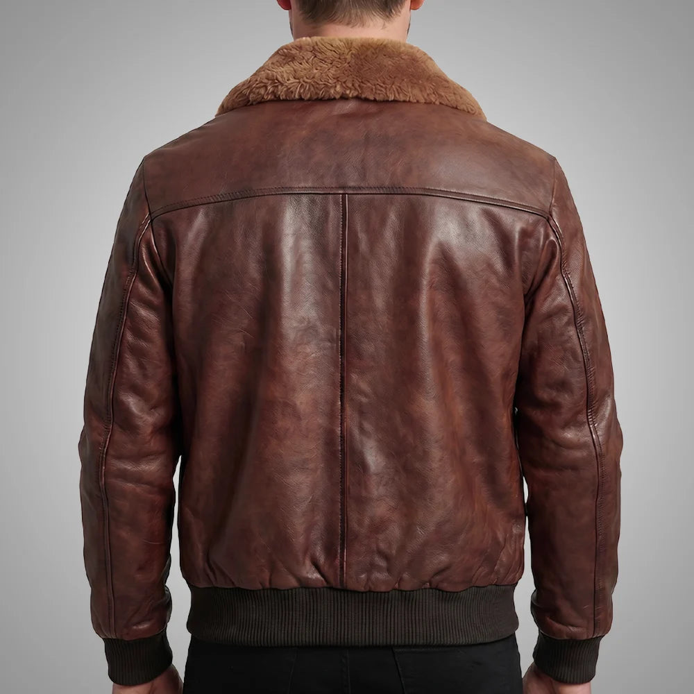 Lambskin Leather Fur Collar Aviator Jacket - Brown