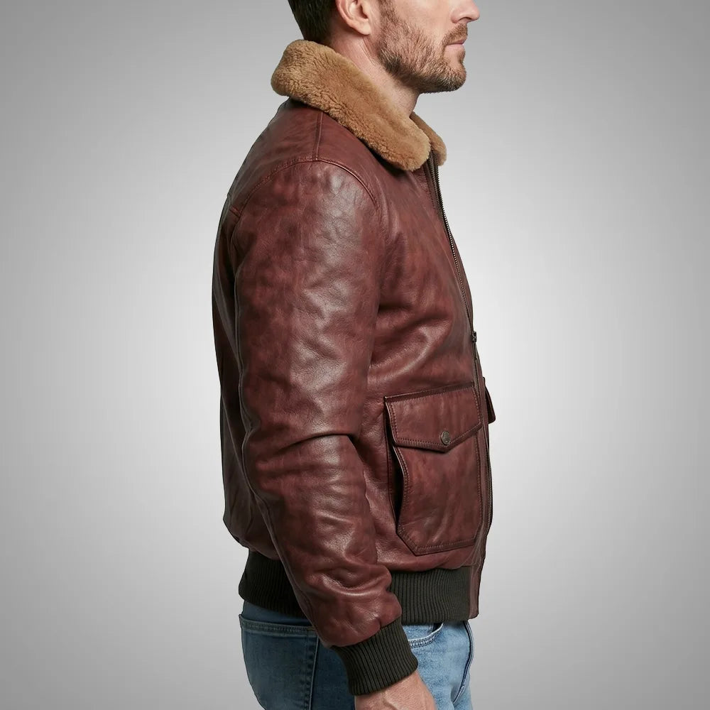 Lambskin Leather Fur Collar Aviator Jacket - Brown