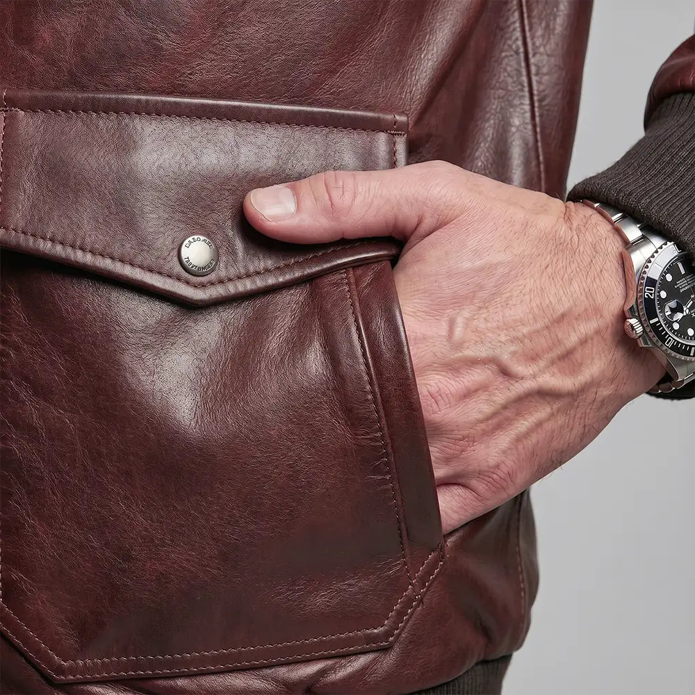 Lambskin Leather Fur Collar Aviator Jacket - Brown