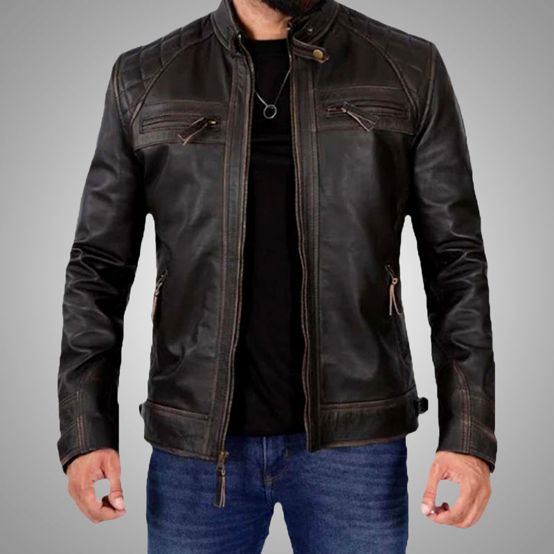 Brown Biker Jacket - Quilted