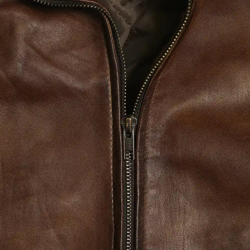 Lambskin fur flight jacket, camel brown, worn on model