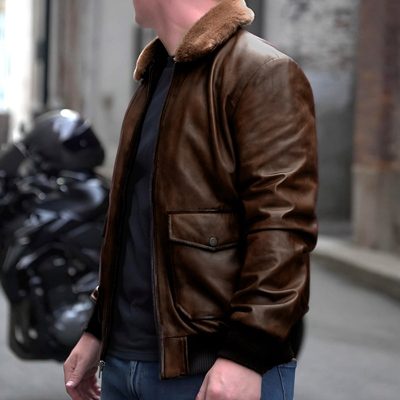 Camel Brown Fur Flight Jacket by Cuir Jackets USA