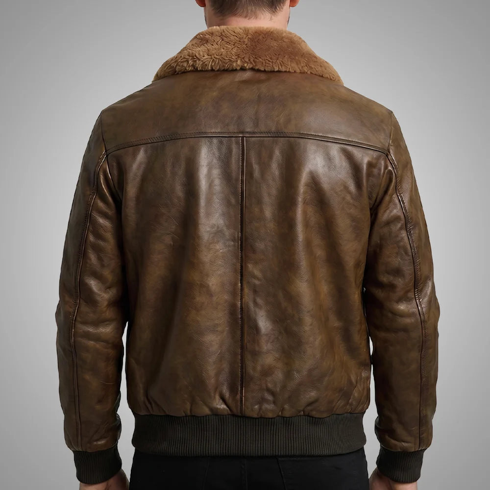 Lambskin Leather Fur Collar Aviator Jacket - Camel Brown