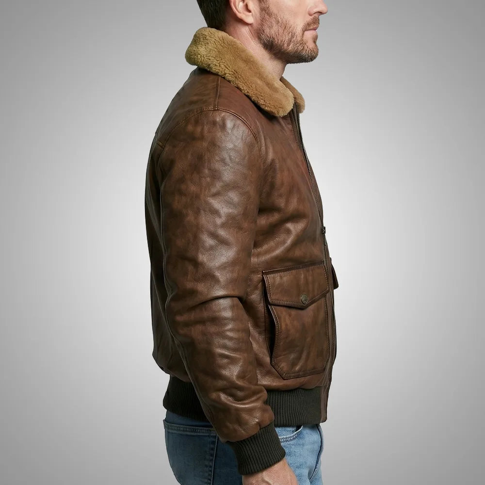 Lambskin Leather Fur Collar Aviator Jacket - Camel Brown