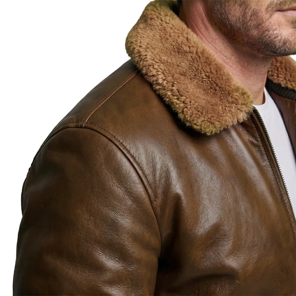 Lambskin Leather Fur Collar Aviator Jacket - Camel Brown
