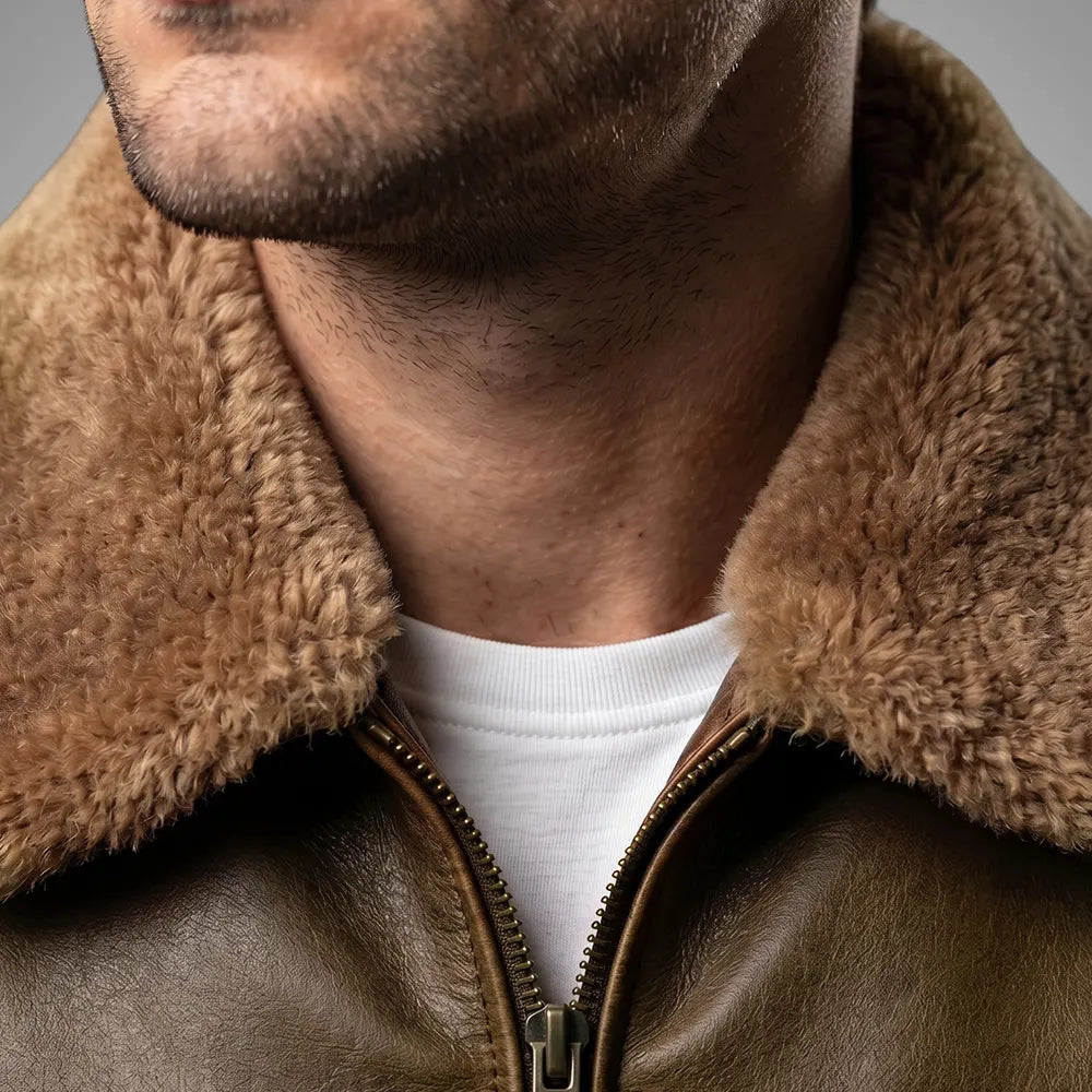 Lambskin Leather Fur Collar Aviator Jacket - Camel Brown